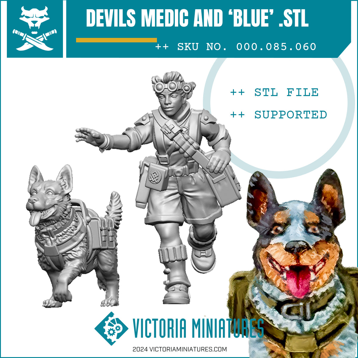 Promotional image for a Victoria Miniatures product featuring a digital download link for a sculpted figure, labeled as 'Devils Medic and Blue STL'. The image shows a metal figure of a character with a dog, and a close-up of the 'Blue' dog variant with a human-like face