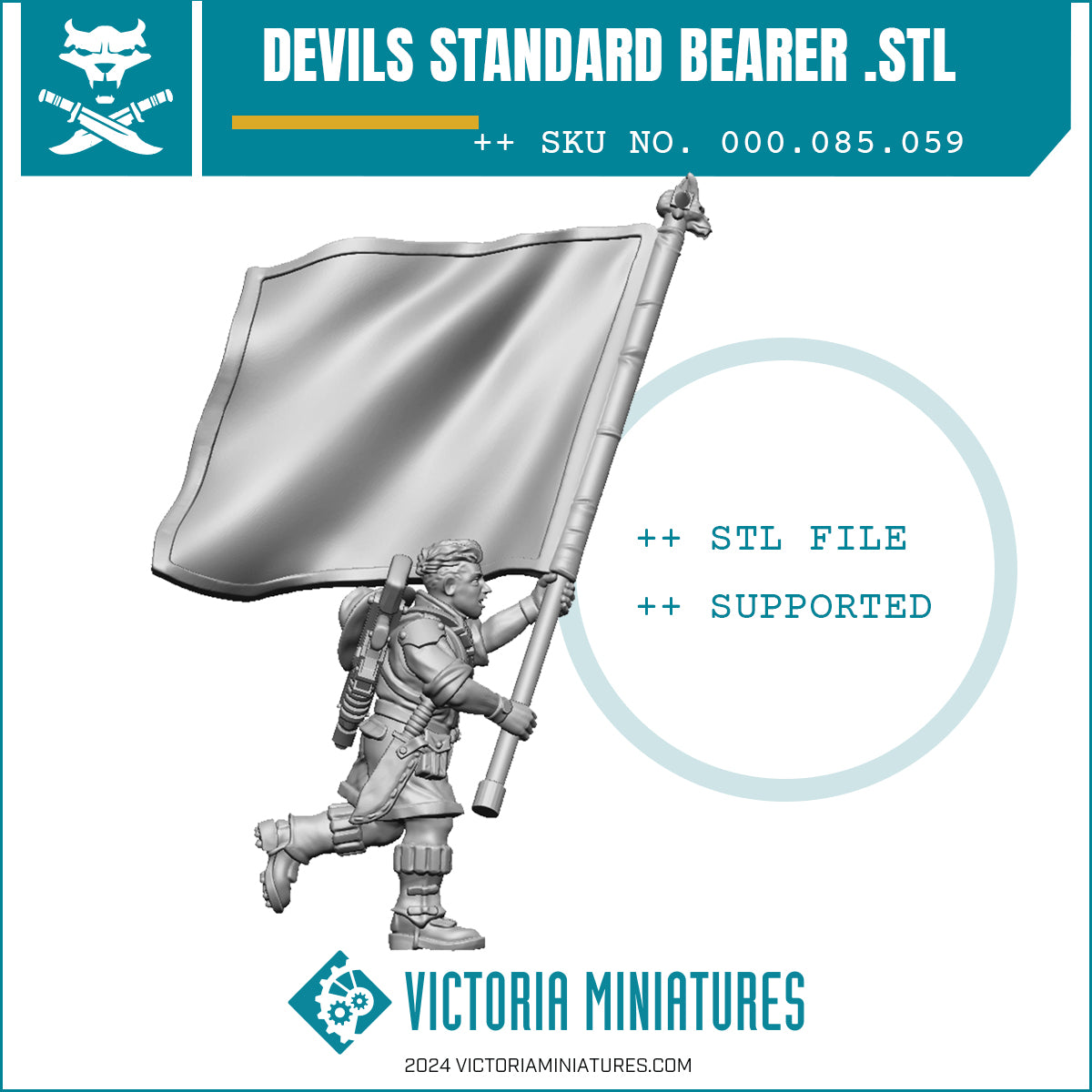 Promotional image for Victoria Miniatures' Devils Standard Bearer SL scale model kit, showing the box art with a figure holding a flag, and the text highlighting the STL file format and supported file types