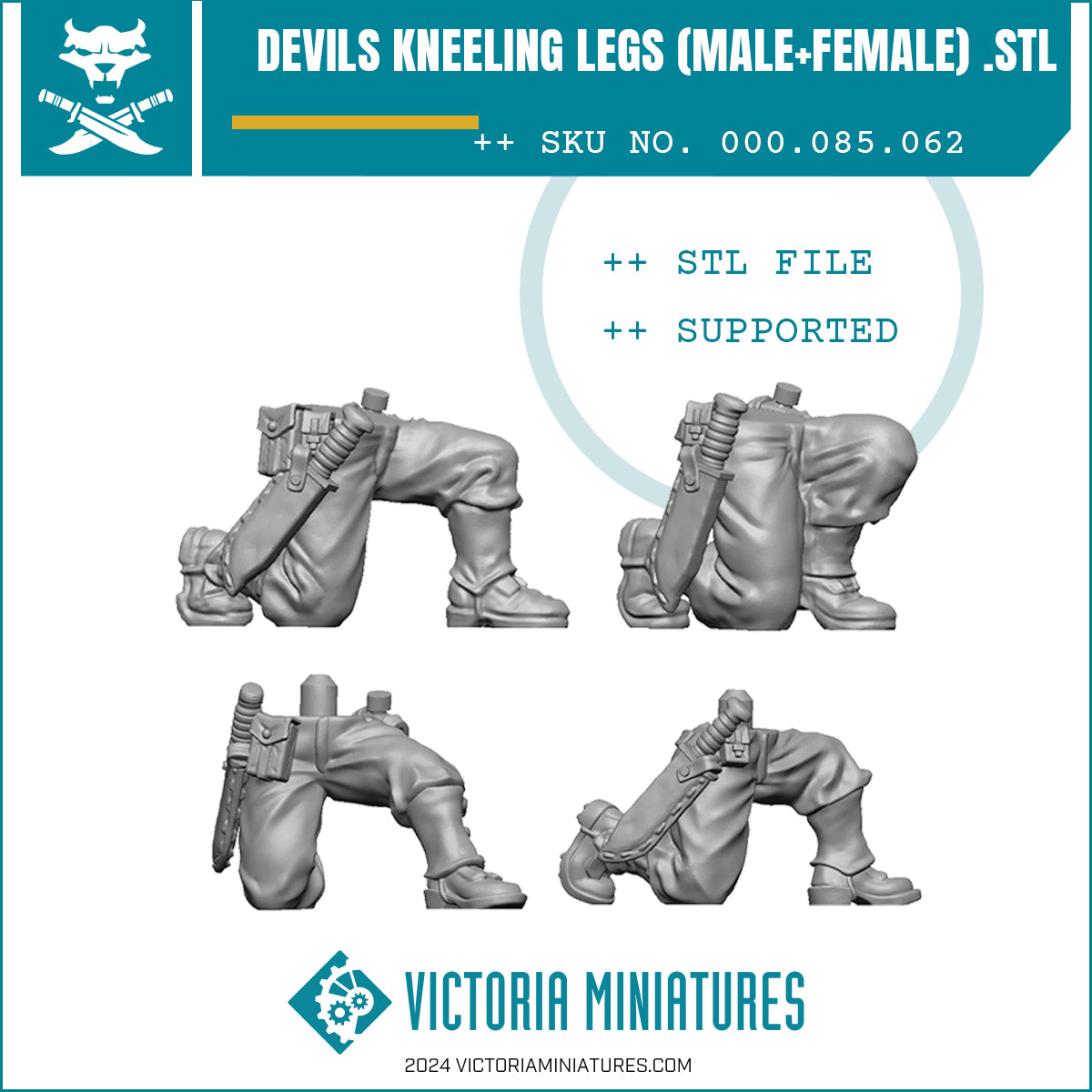 Four sculpted .STL files for printing Devils Kneeling Legs in different orientations, showing the front and side views