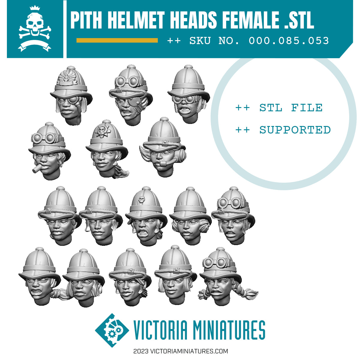 A collection of 16 female Pith Helmet heads in .STL format, including 6 character heads and 10 trooper heads, with a label indicating the product is supported by Victoria Miniatures