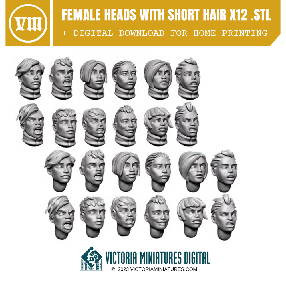 Short Hair Heads Female x12 .STL Download Victoria Miniatures