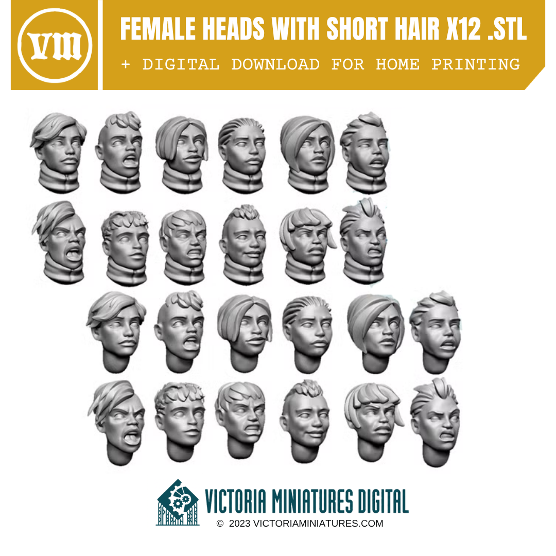 Short Hair Heads Female x12 .STL Download Victoria Miniatures