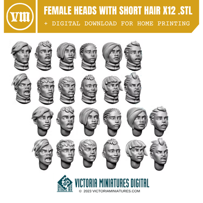 Short Hair Heads Female x12 .STL Download Victoria Miniatures