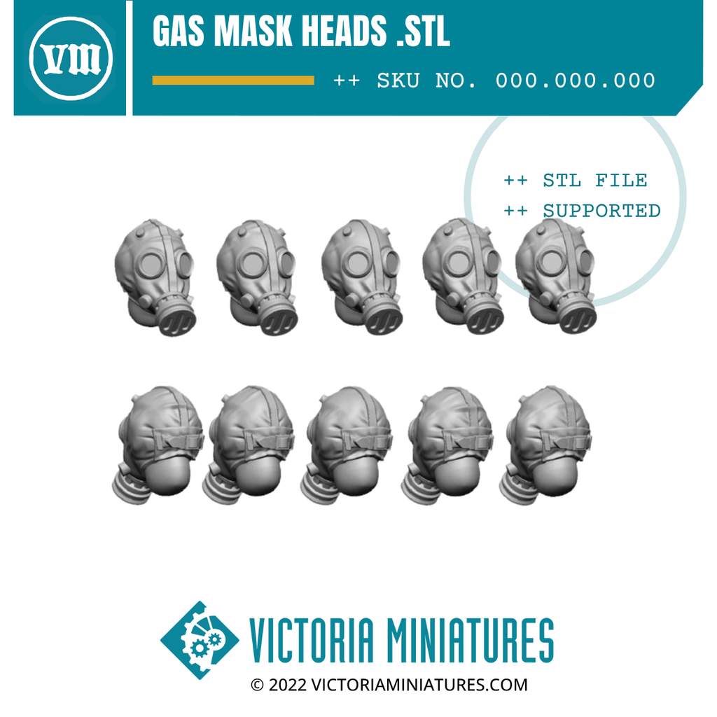 Gas Mask Heads x5 .STL Files – Victoria Miniatures