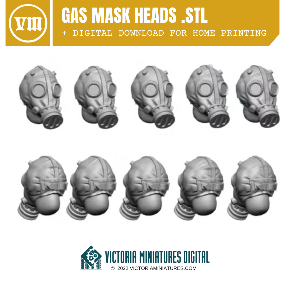 Gas Mask Heads x5 .STL Files Victoria Miniatures