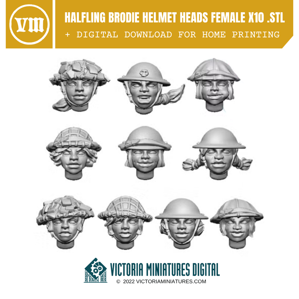 Halfling Brodie Helmet Heads Female x10 .STL Download Victoria Miniatures
