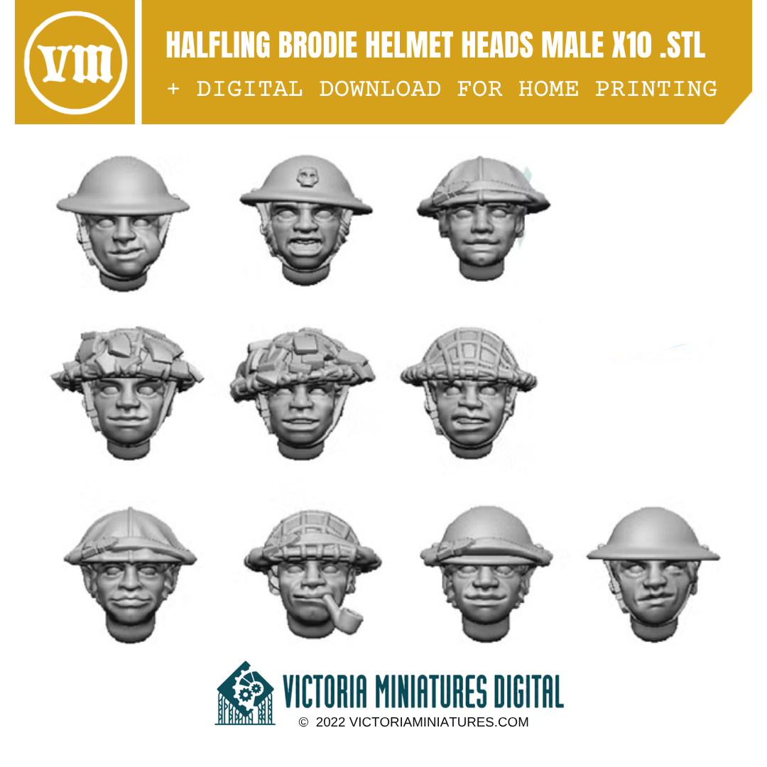 Halfling Brodie Helmet Heads Male x10 .STL Download Victoria Miniatures