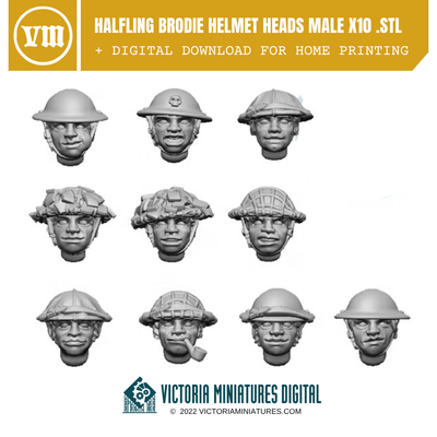 Halfling Brodie Helmet Heads Male x10 .STL Download Victoria Miniatures