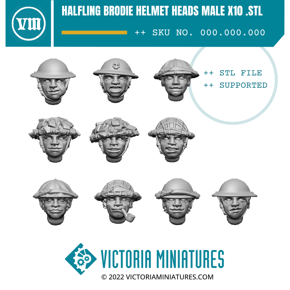 Halfling Brodie Helmet Heads Male x10 .STL Download – Victoria Halfling Brodie Helmet Heads Male x10 .STL Download – Victoria