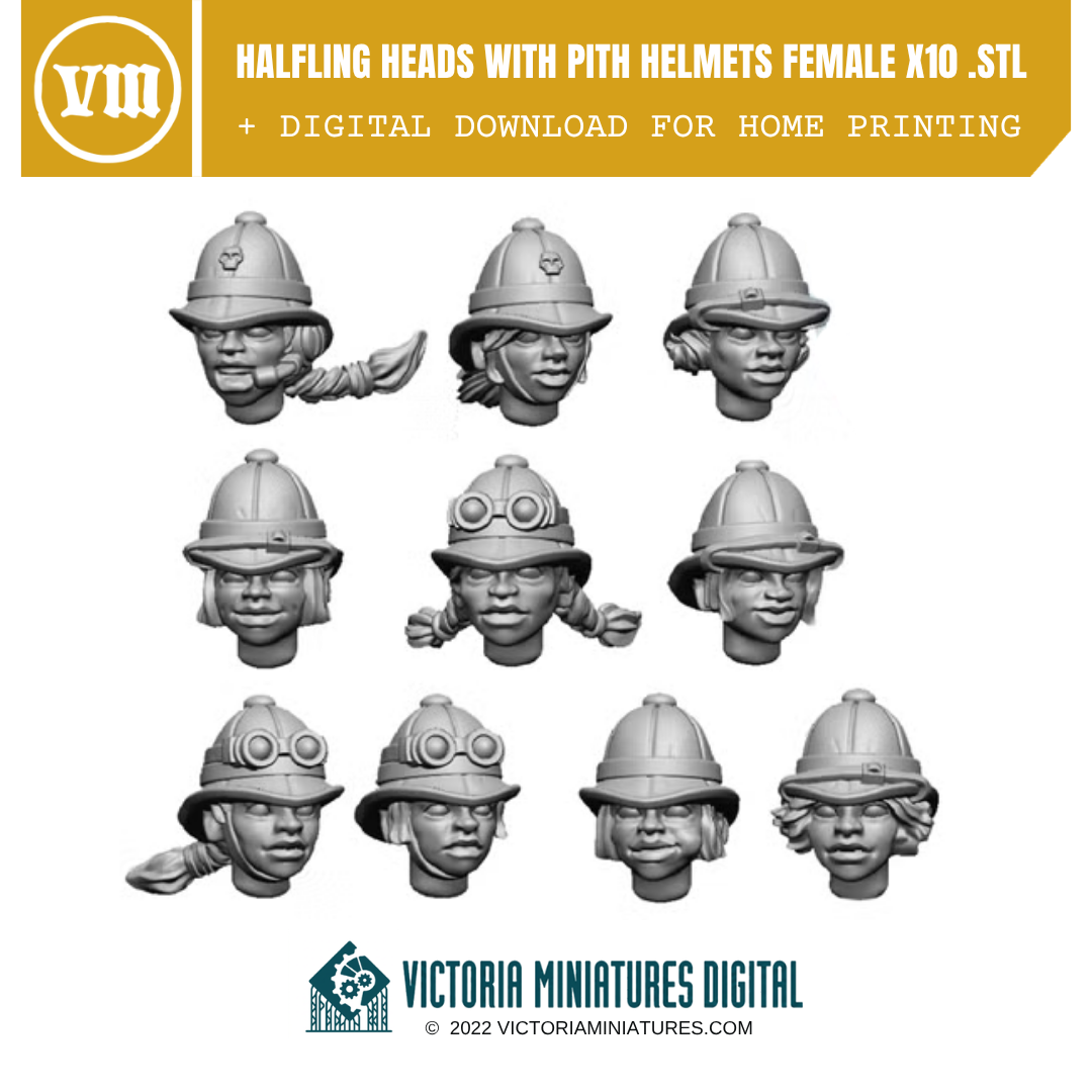 Halfling Pith Helmet Heads Female x10 .STL Download Victoria Miniatures