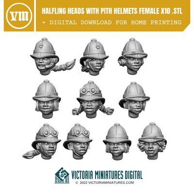 Halfling Pith Helmet Heads Female x10 .STL Download Victoria Miniatures