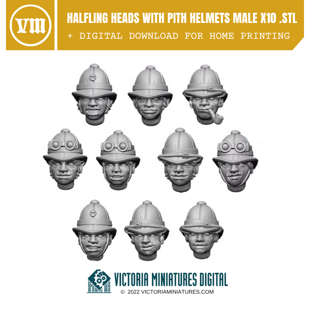 Halfling Pith Helmet Heads Male x10 .STL Download Victoria Miniatures