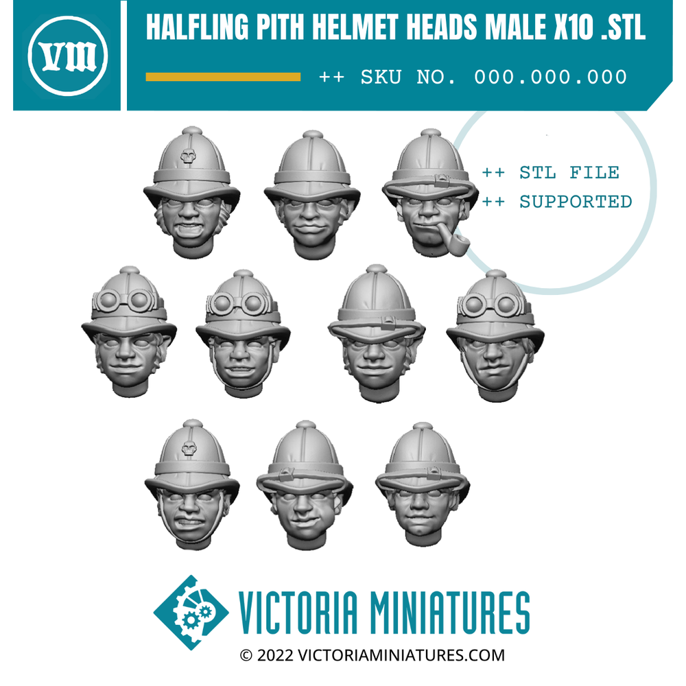 Halfling Pith Helmet Heads Male x10 .STL Download