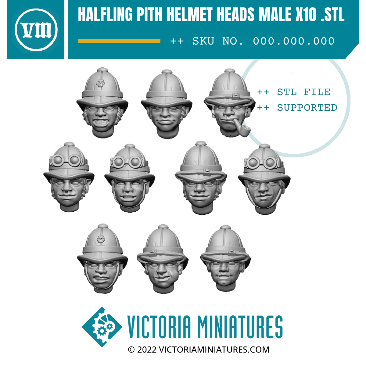 Halfling Pith Helmet Heads Male x10 .STL Download