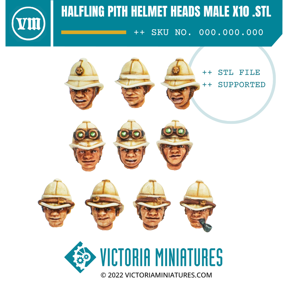Halfling Pith Helmet Heads Male x10 .STL Download