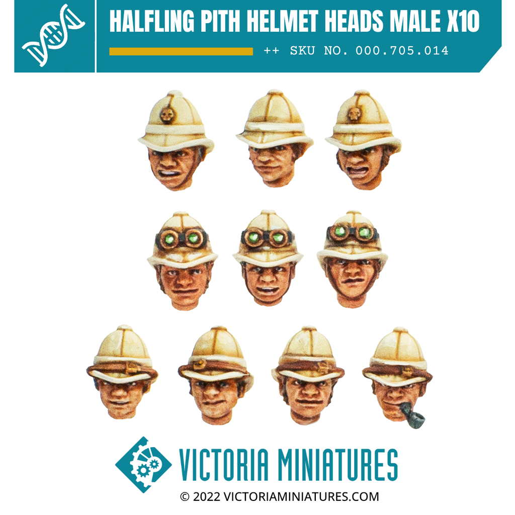 Halfling Pith Helmet Heads Male x10 – Victoria Miniatures