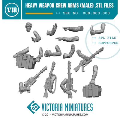 Victoria Miniatures heavy weapon crew arms and weapons STL files on a white background