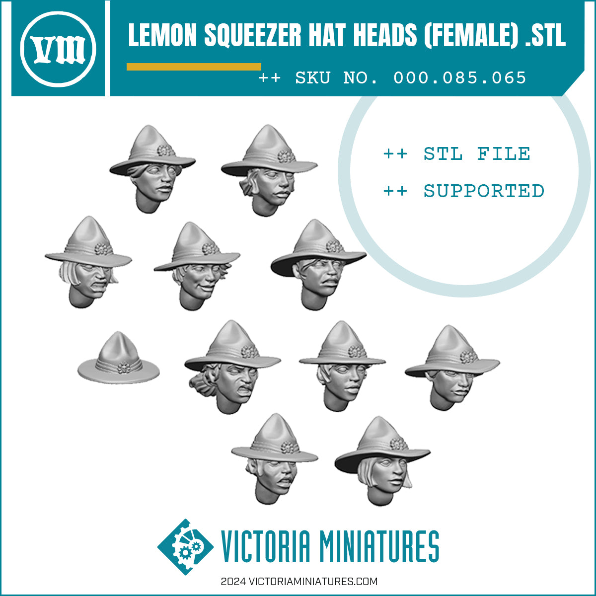 A collection of 10 female lemon squeezer hat heads, with one spare hat, for digital printing in .STL format