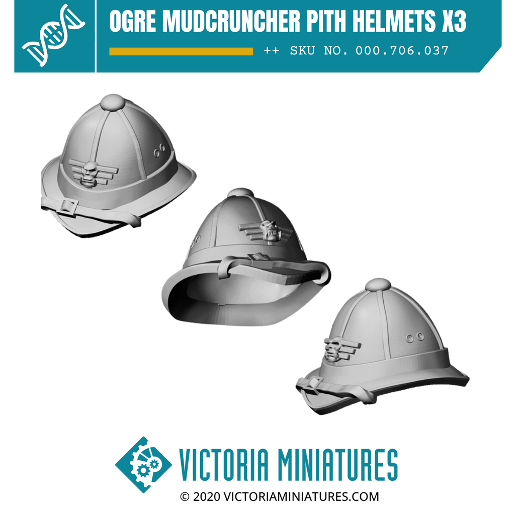 Ogre Mudcruncher Pith Helmets x3 – Victoria Miniatures