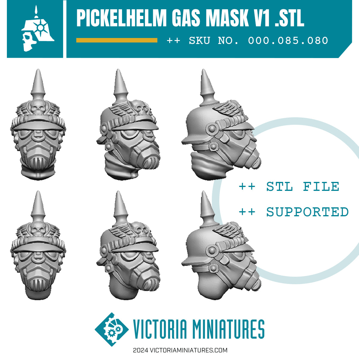 Six digital renderings of grimdark trooper heads with gas masks and pickel helmets, indicating a .STL