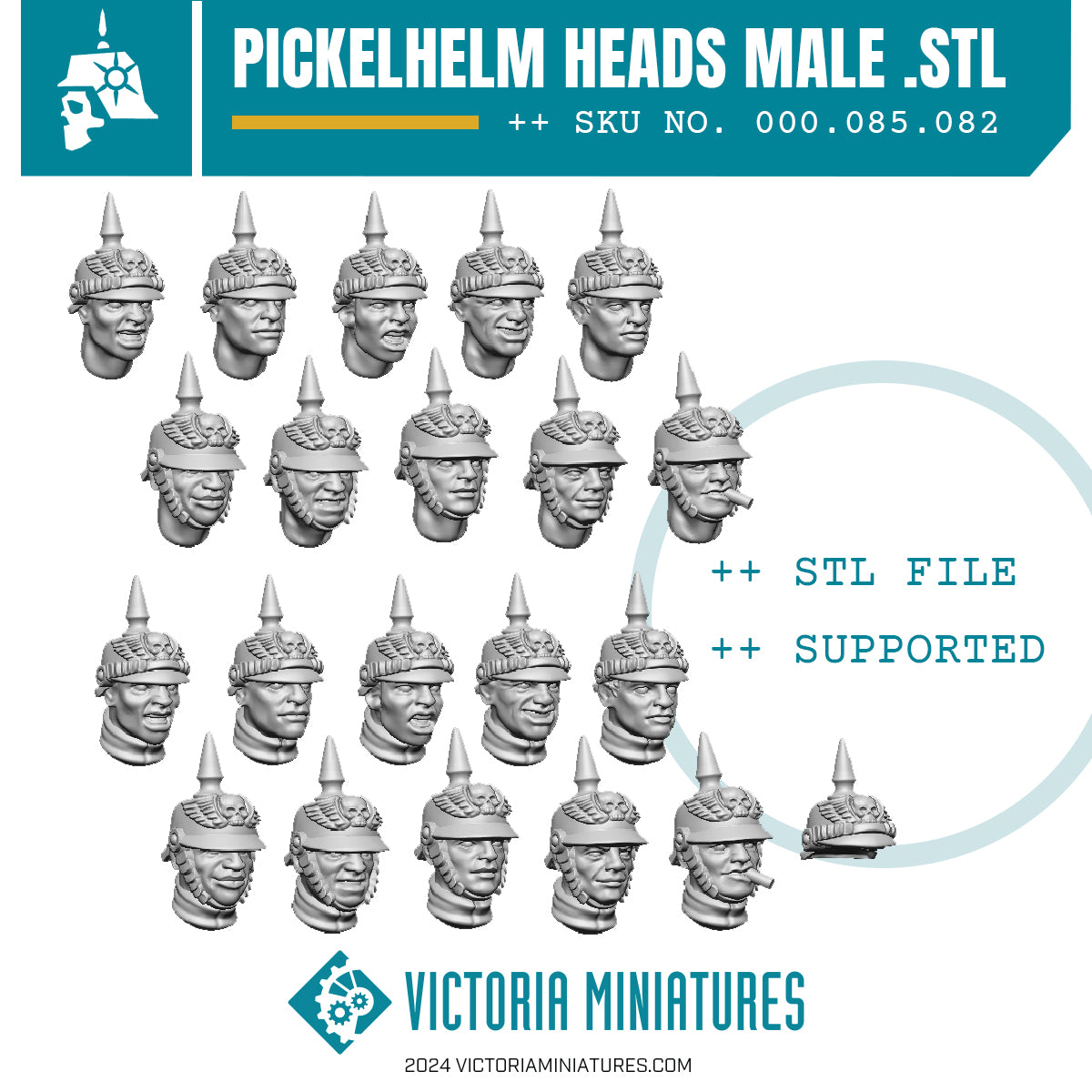 A digital image showing a collection of Pickelhelm heads for figures