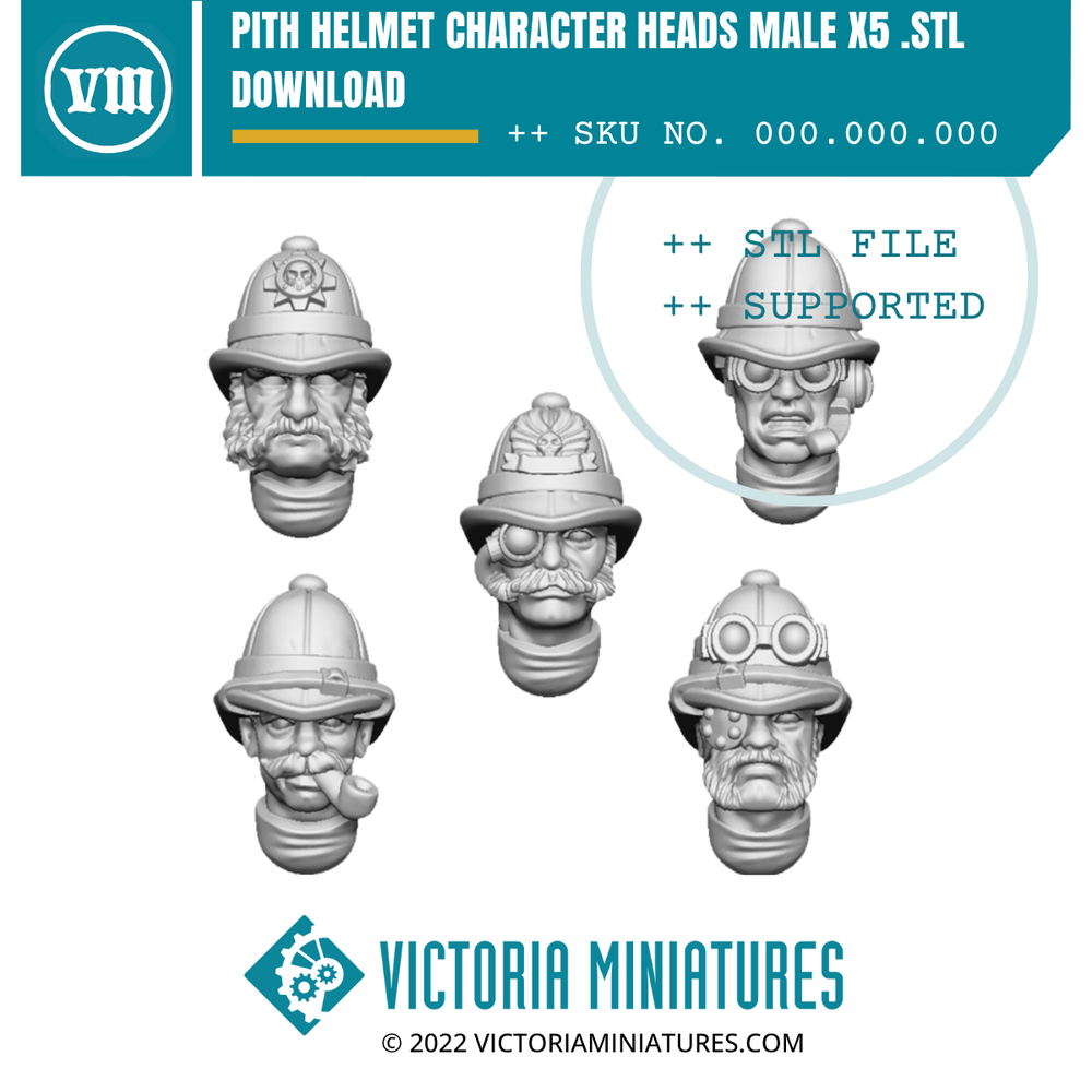 Pith Helmet Character Heads Male x5 .STL Download