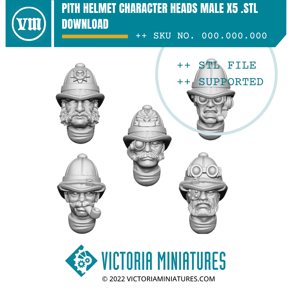 Pith Helmet Character Heads Male x5 .STL Download