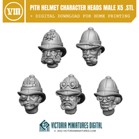 Pith Helmet Character Heads Male x5 .STL Download Victoria Miniatures