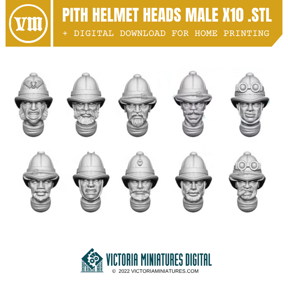 Pith Helmet Heads Male x10 .STL Download Victoria Miniatures