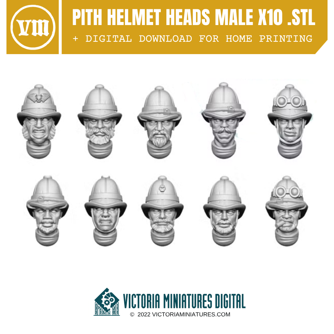 Pith Helmet Heads Male x10 .STL Download Victoria Miniatures