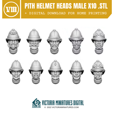 Pith Helmet Heads Male x10 .STL Download Victoria Miniatures