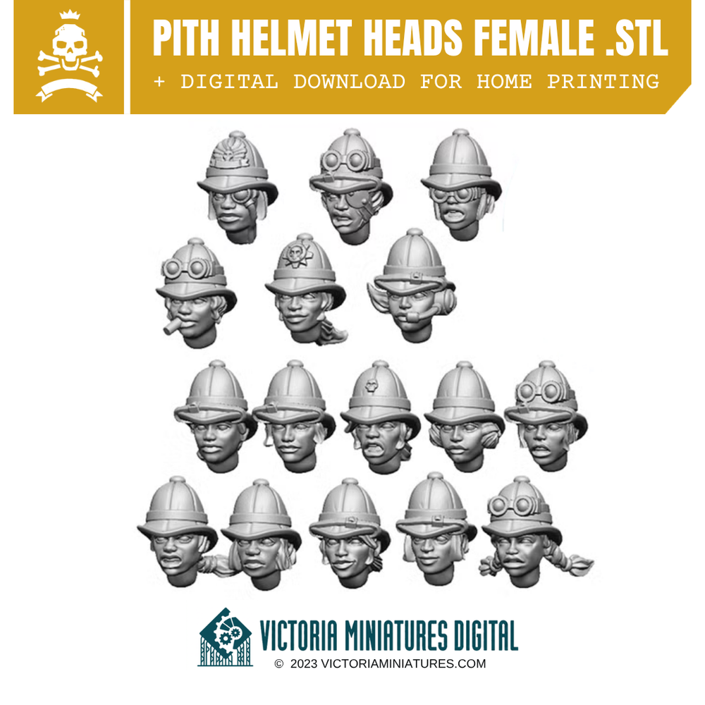 Pith Helmet Heads Female x16 .STL Download Victoria Miniatures