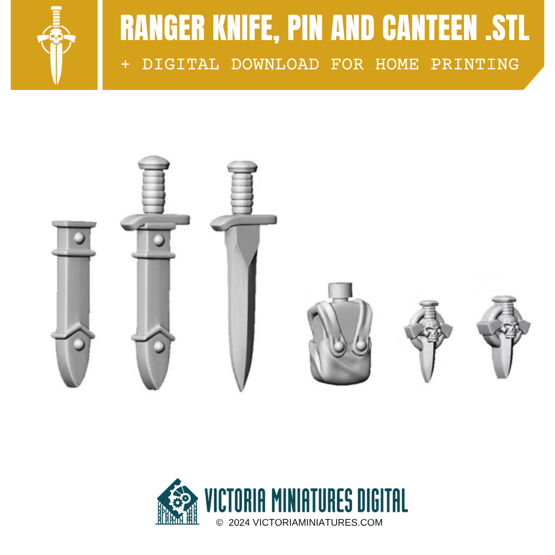 Ranger Knife, Pin, Canteen. STL Download Victoria Miniatures