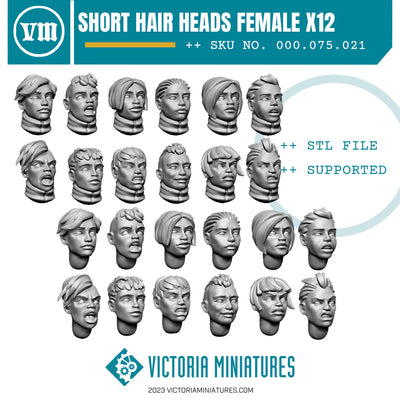 Short Hair Heads Female x12 .STL Download