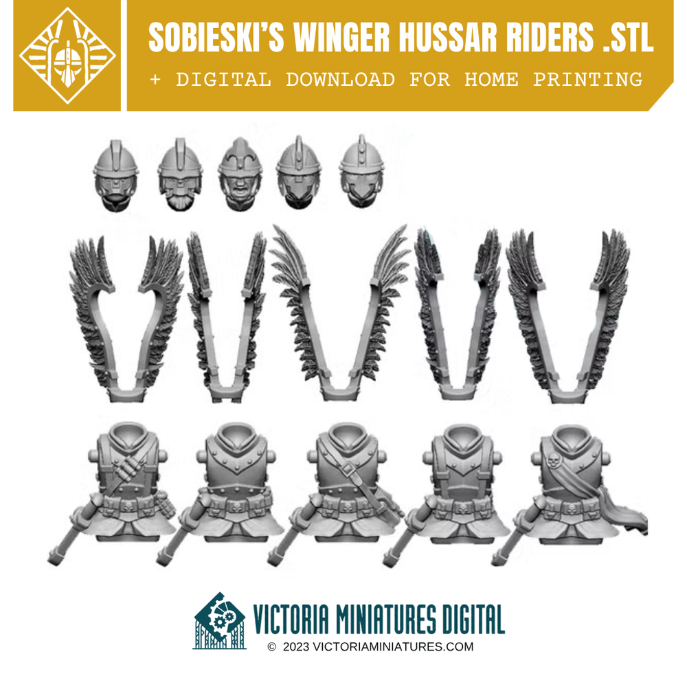 Winged Hussars Riders Torsos and Heads x5 .STL Download Victoria Miniatures