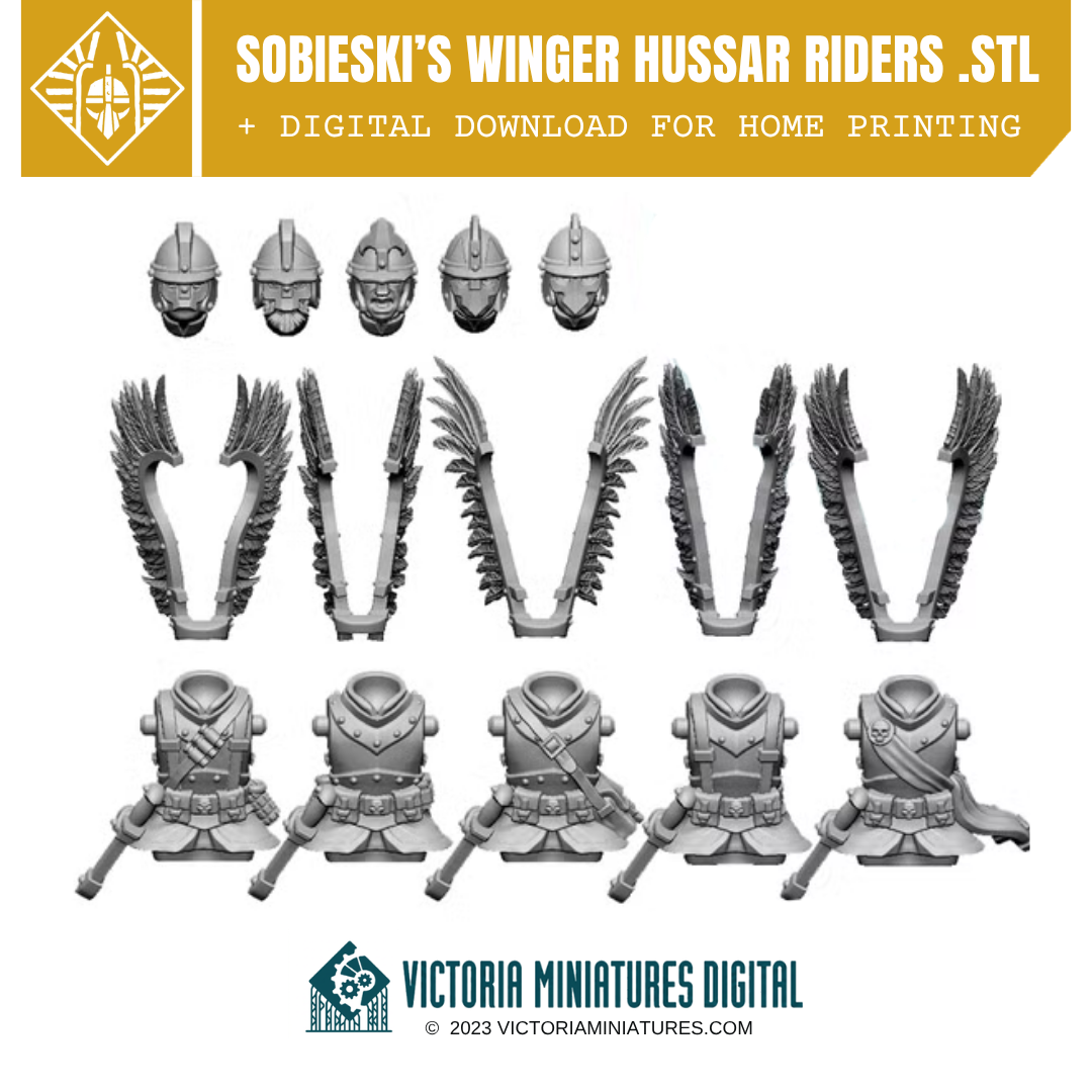 Winged Hussars Riders Torsos and Heads x5 .STL Download Victoria Miniatures