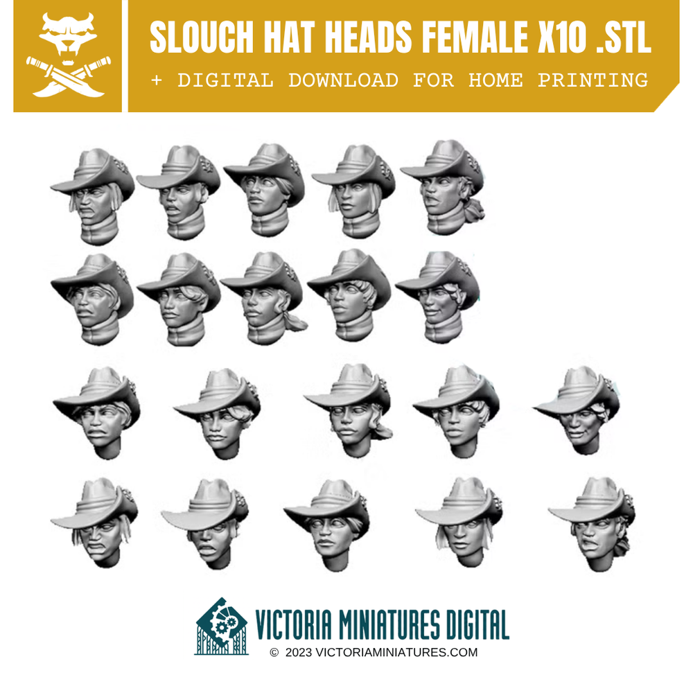 Slouch Hat Heads Female x10 .STL Download Victoria Miniatures