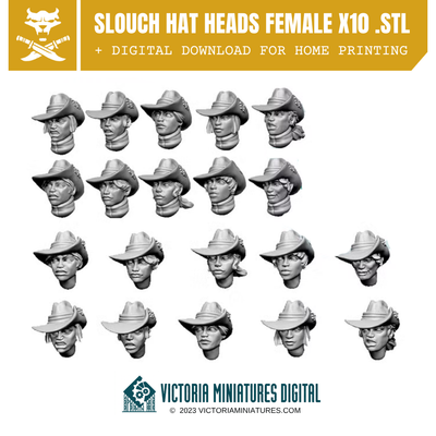 Slouch Hat Heads Female x10 .STL Download Victoria Miniatures