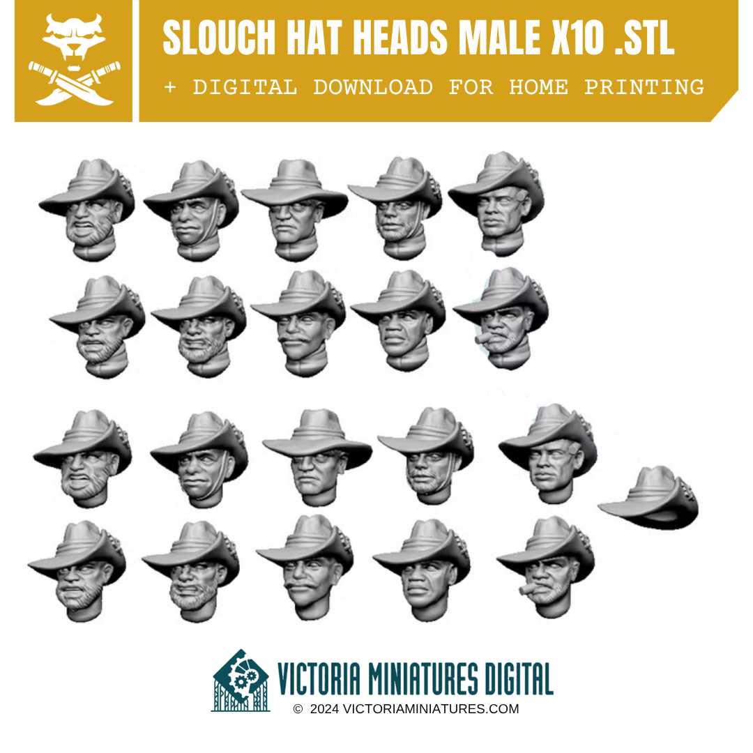 Slouch Hat Heads Male x10 .STL Download Victoria Miniatures