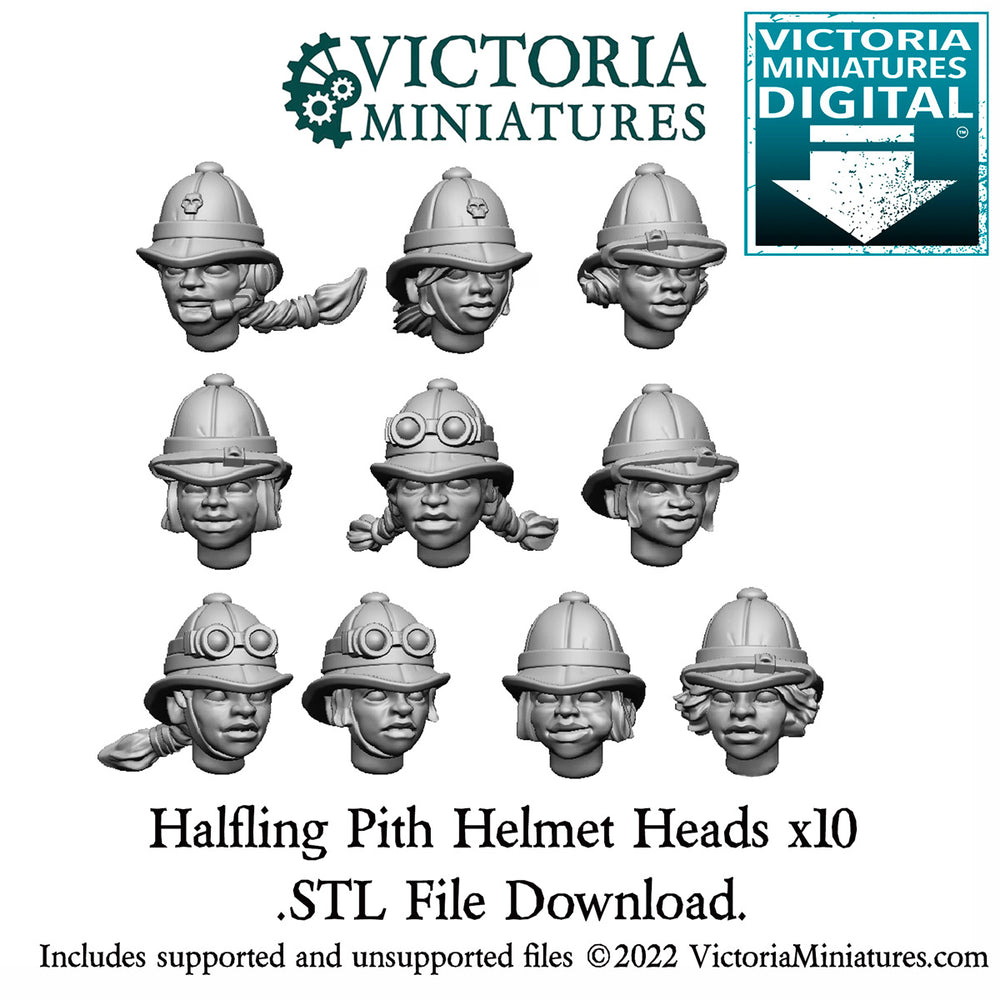 Halfling Pith Helmet Heads Female x10 .STL Download