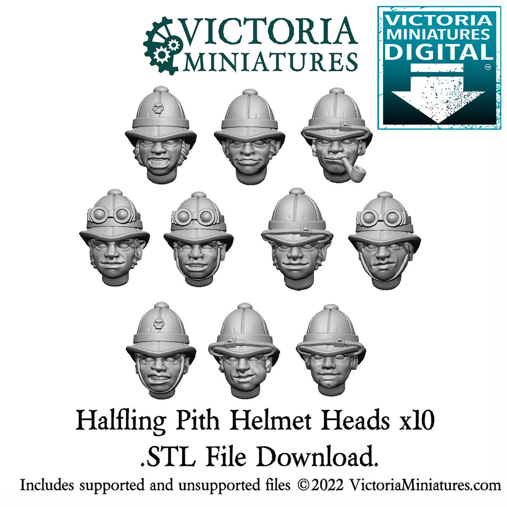 Halfling Pith Helmet Heads Male x10 .STL Download